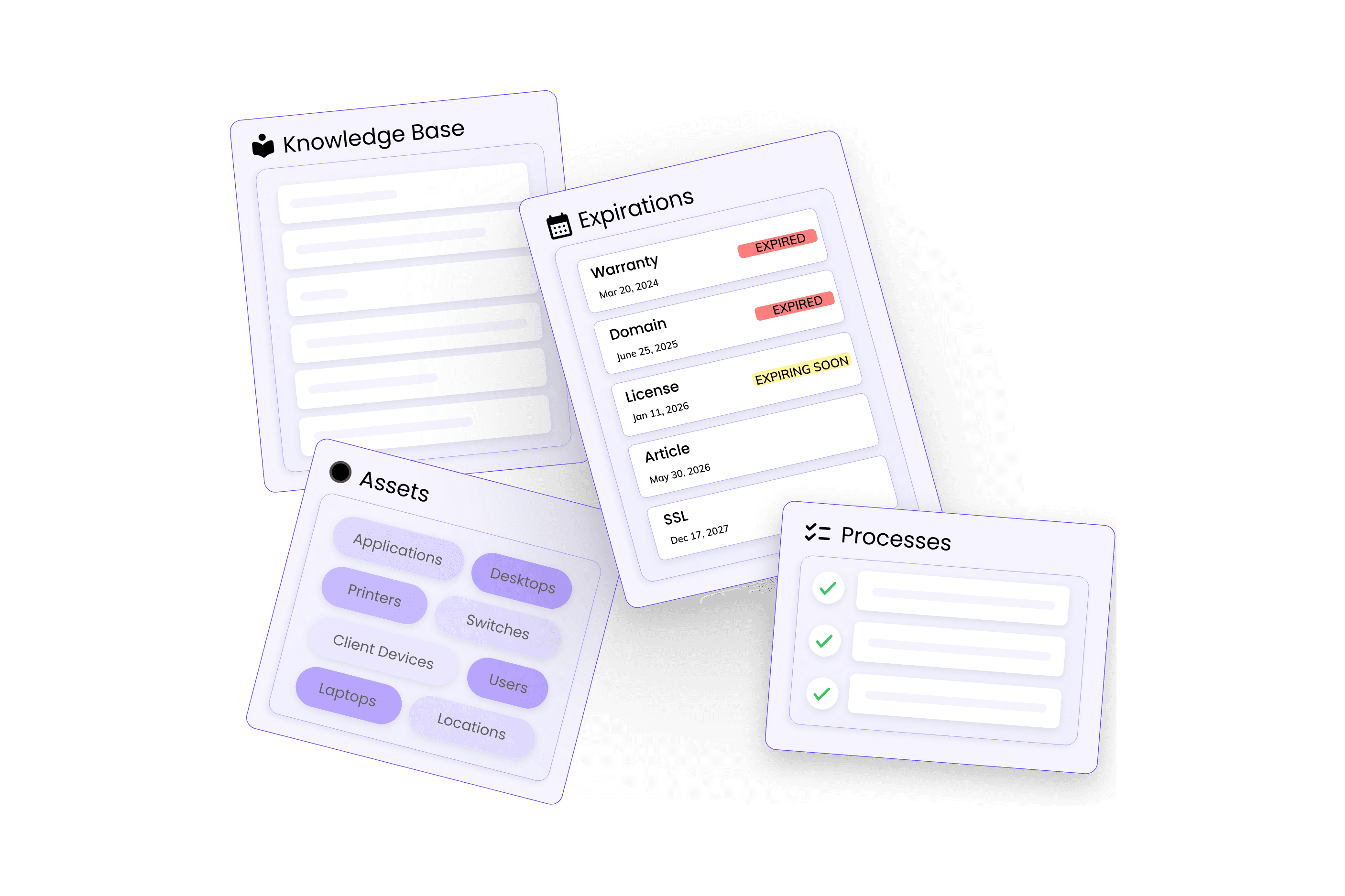 Assets, passwords, processes, and documentation stay connected in one organized system.