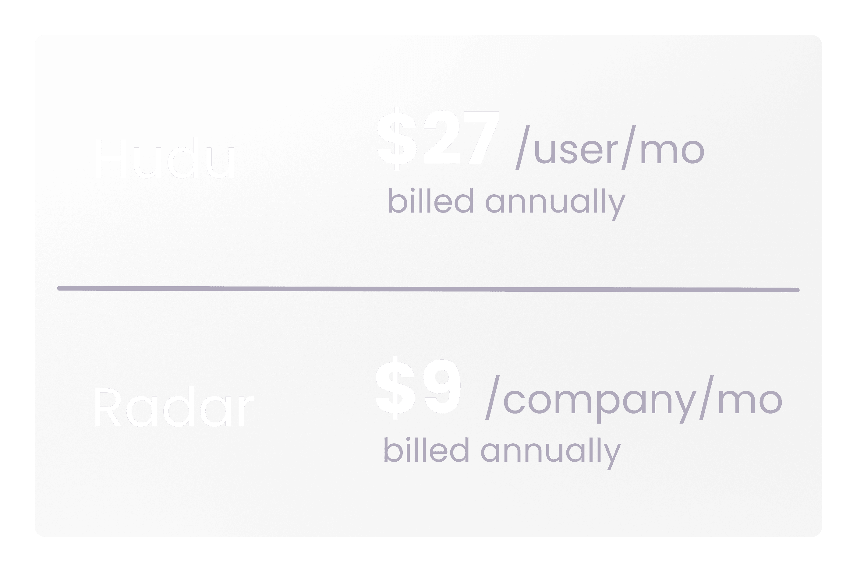 $27/user/mo. Transparent pricing and cheaper alternative to IT Glue
