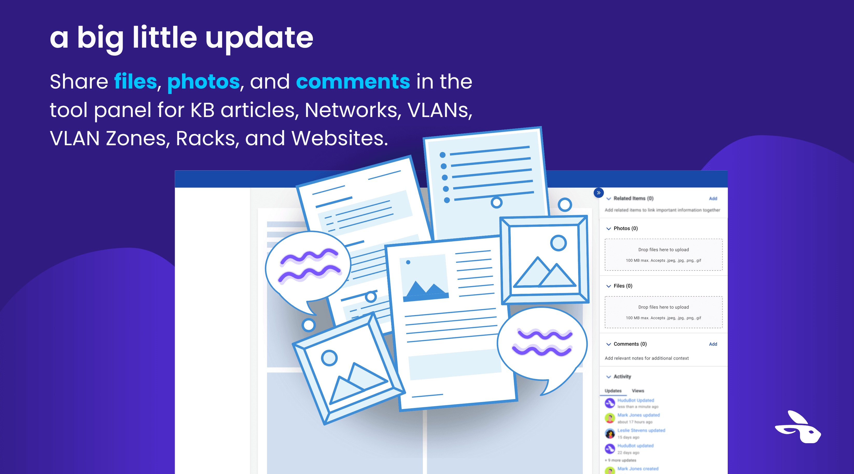 Collaborative documentation tool panel in Hudu with file sharing, photos, and record comments